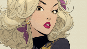 Stylized Fashion Illustration of a Surprised Woman with Blonde Hair and Purple Accents