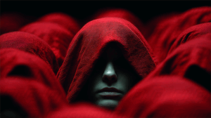 Close-Up of Shrouded Face Beneath Red Cloth