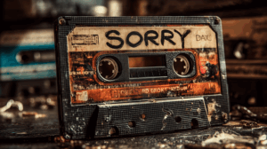 Damaged Cassette Tape Marked Sorry with Intense Grunge Texture