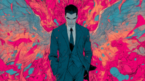 Dark Hero in Suit with Fiery Phoenix Wings