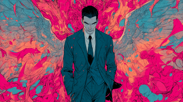 Dark Hero in Suit with Fiery Phoenix Wings