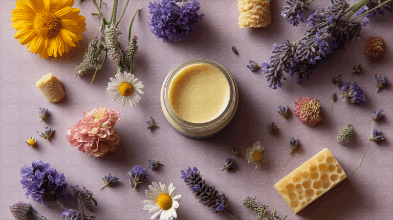 Soothing Balm with Dried Flowers and Herbs on Lavender Background