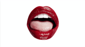 Open Mouth with Red Lips and Glossy Tongue on White