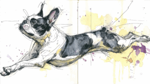French Bulldog Flying Through Colorful Ink Blots