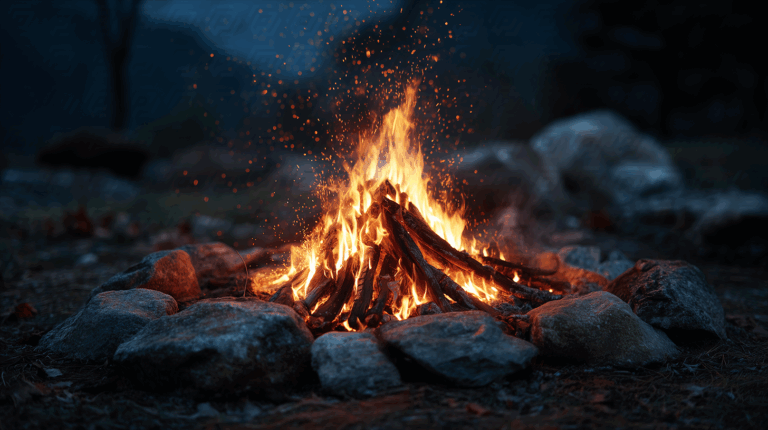 Majestic Bonfire in a Forest Landscape with Glowing Embers