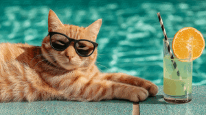Tabby Cat Relaxing With Shades and Citrus Drink