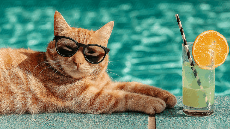 Tabby Cat Relaxing With Shades and Citrus Drink