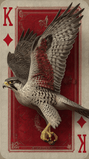 King of Diamonds Falcon on Ornate Red Playing Card
