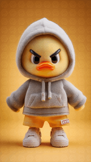 Angry Cartoon Duck in Hoodie and Sneakers on Orange Background