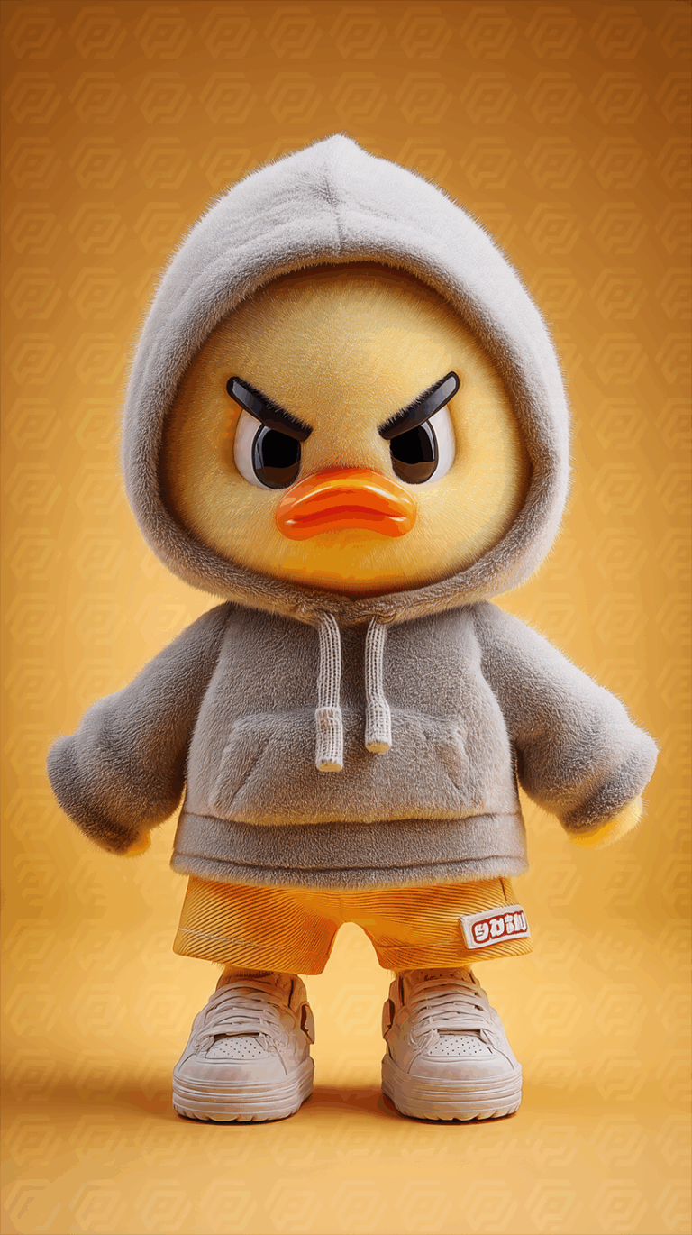 Angry Cartoon Duck in Hoodie and Sneakers on Orange Background