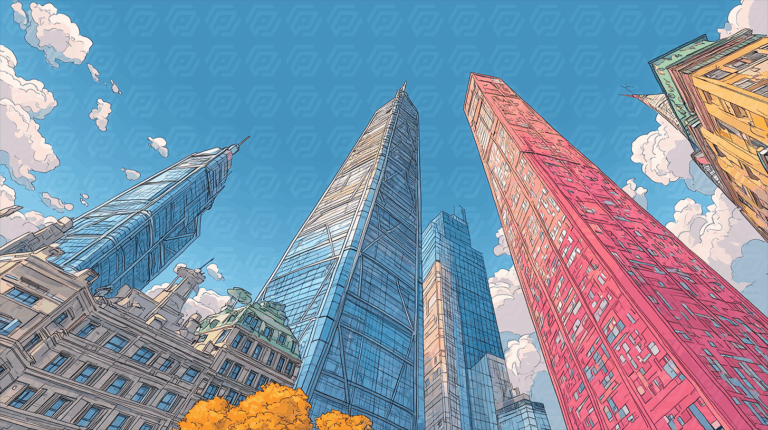 Colorful Modern Skyscrapers Against a Bright Blue Sky