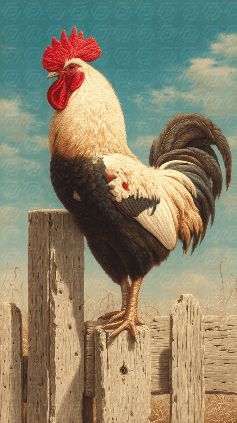 Rooster Standing Proudly on Rustic Fence Under Bright Sky
