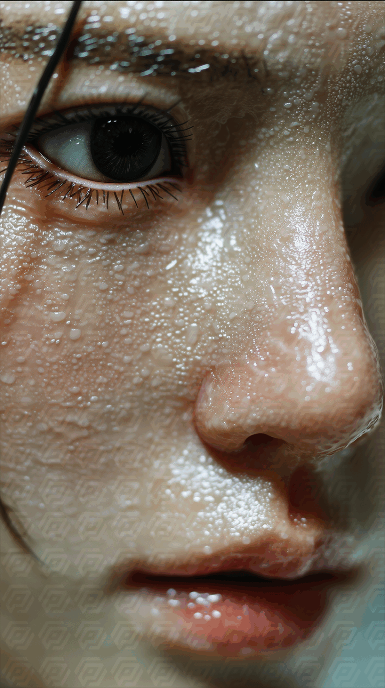 Extreme Close-Up of Wet Face with Water Droplets on Skin