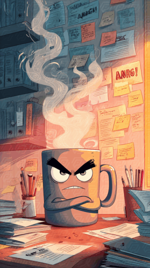 Angry Coffee Mug Surrounded by Chaos in a Cluttered Office