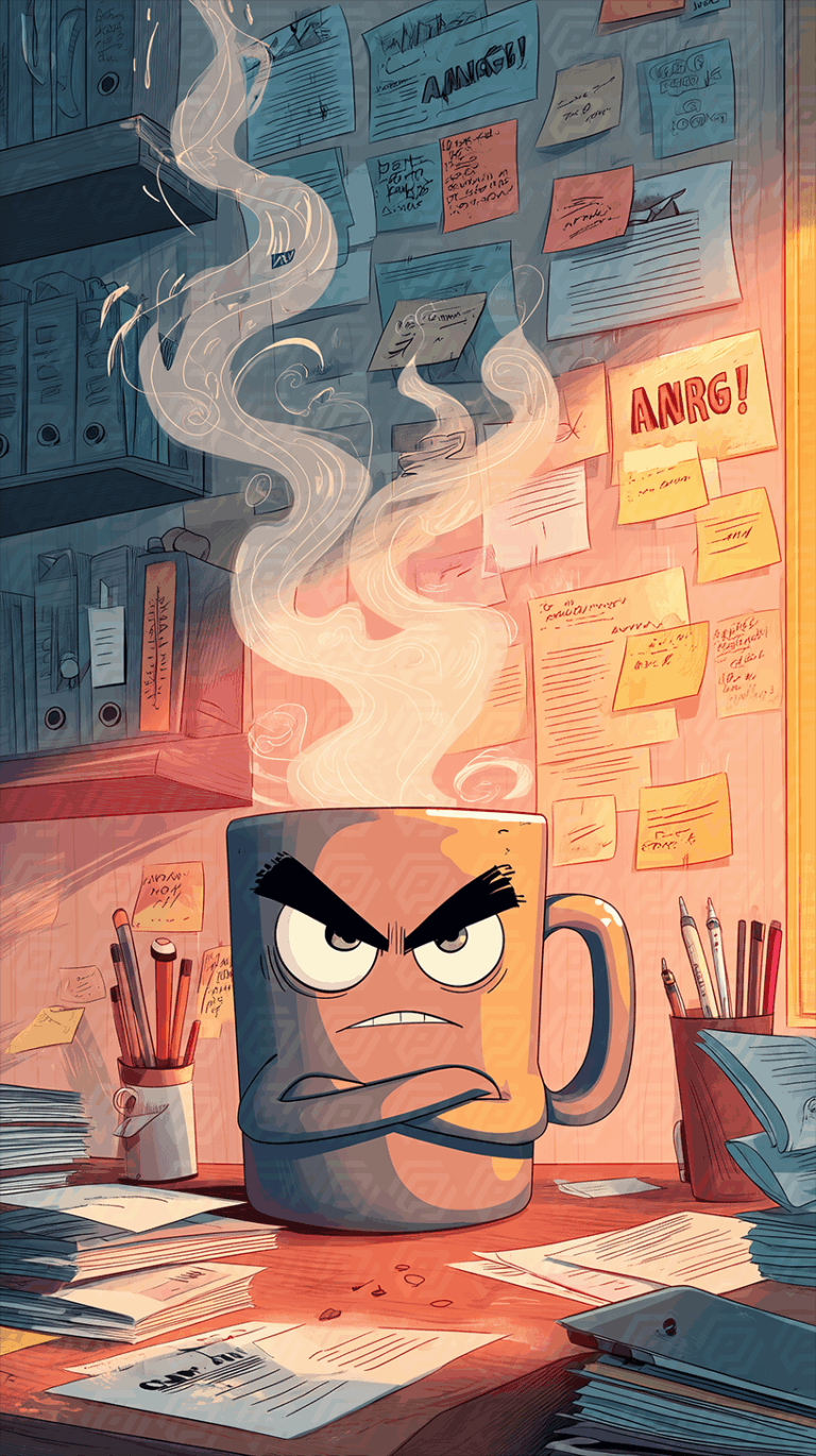 Angry Coffee Mug Surrounded by Chaos in a Cluttered Office