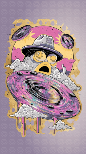 Cartoon UFO Bird With Swirling Galaxy Hat