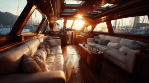 Elegant Yacht Salon with Ocean View at Dusk