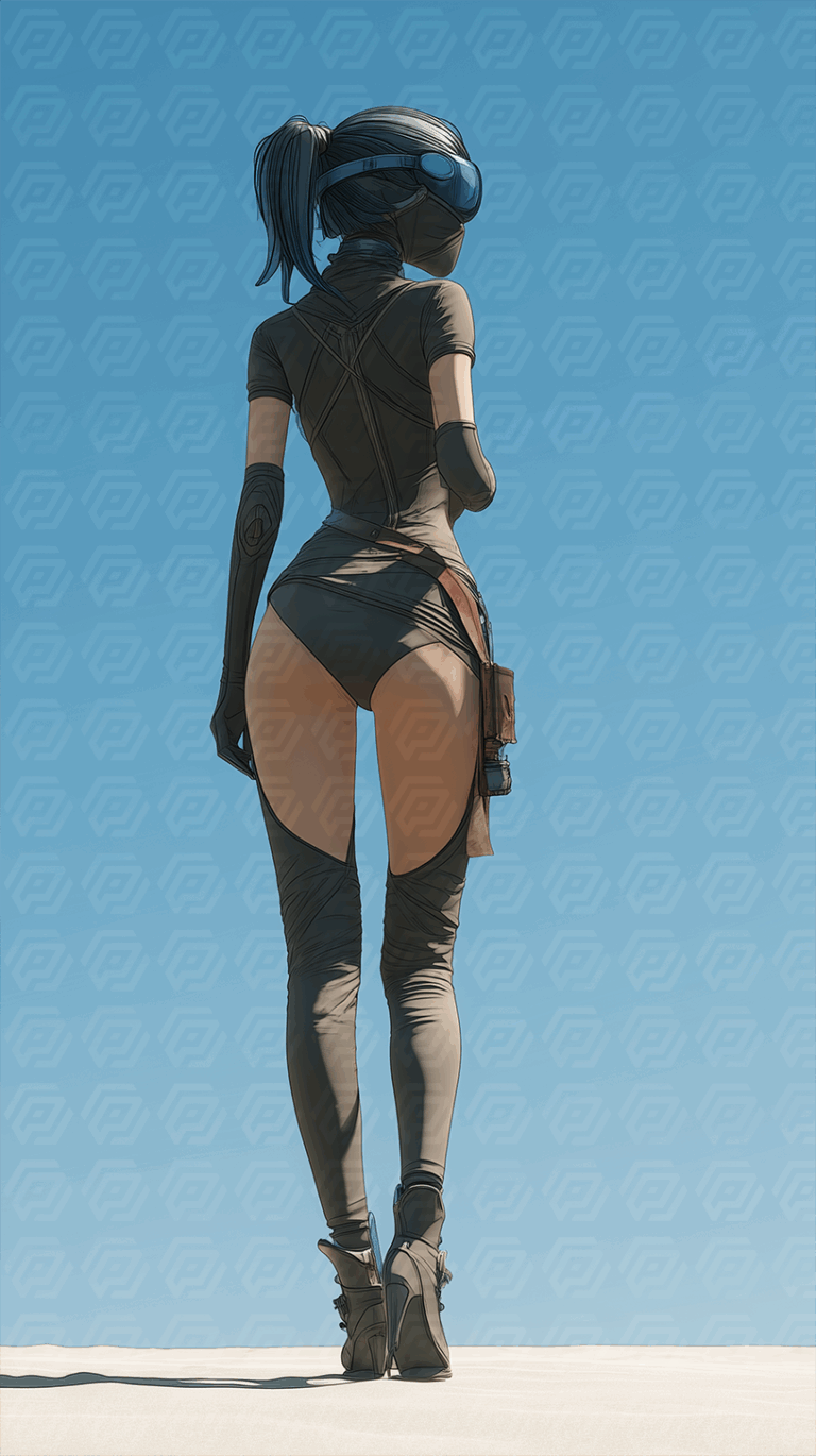 Futuristic Female Explorer in Tactical Desert Gear Facing Blue Sky