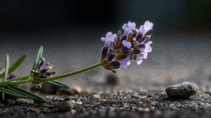 Close-Up of Lavender Bloom with Pebble on Asphalt