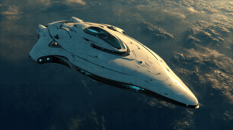 Futuristic Yacht-Like Starship Hovering Above Earth