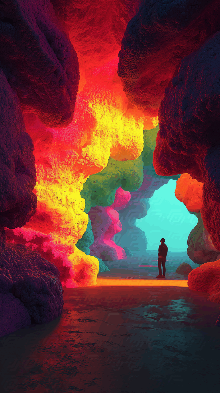 Person Standing in a Vividly Colored Cave with Surreal Lighting