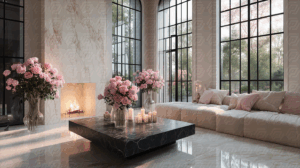 Cozy Elegant Interior with Large Windows and Romantic Rose Bouquets