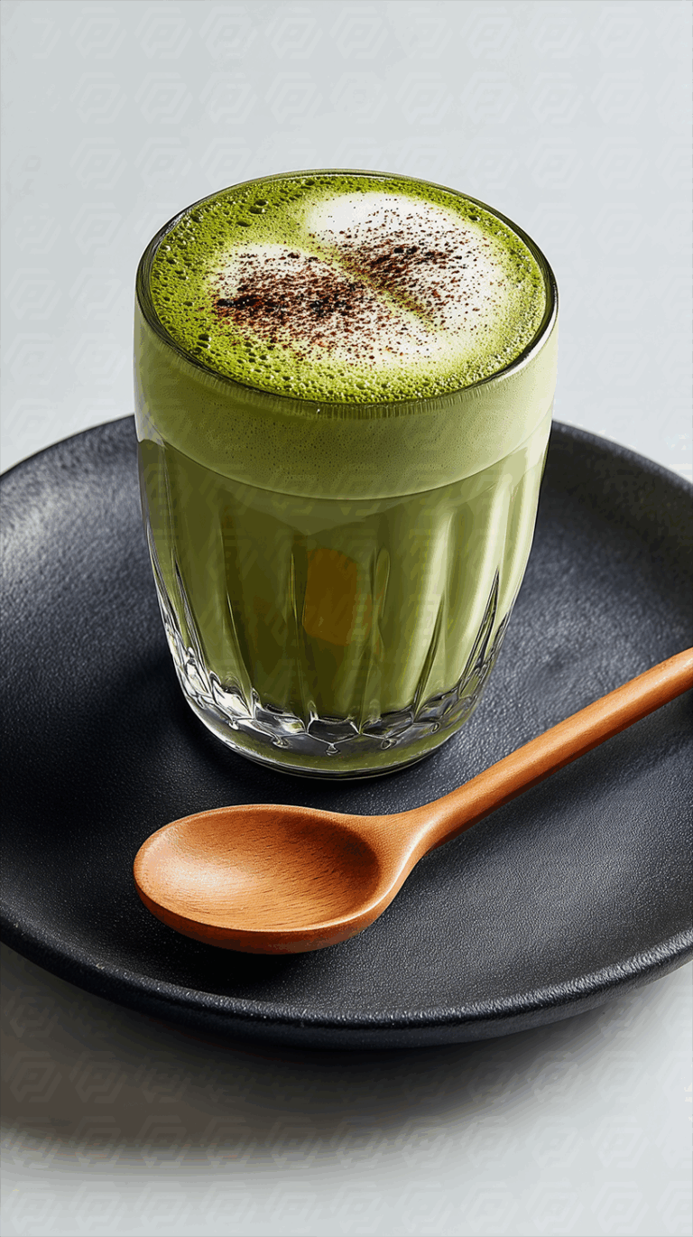 Matcha Latte with Wooden Spoon on Black Plate