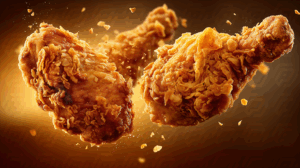 Golden Fried Chicken Pieces in Motion with Crumbs Flying