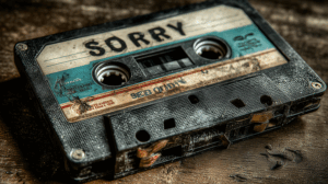 Old Blue Cassette Labeled Sorry with Distressed Surface and Scratches