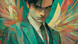 Stylized Portrait of Man with Feathered Wings in Painterly Texture