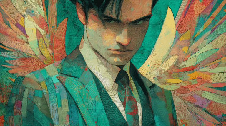 Stylized Portrait of Man with Feathered Wings in Painterly Texture