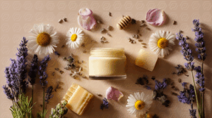 Jar of Natural Skincare Surrounded by Lavender and Chamomile