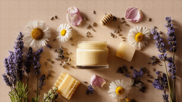 Jar of Natural Skincare Surrounded by Lavender and Chamomile