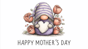 Gnome with Heart and Peony Flowers for Mother's Day Greeting