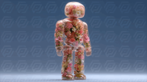 Transparent Robot Filled with Colorful Flowers on Blue Background
