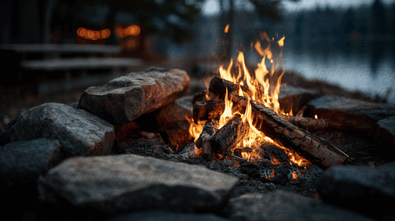 Campfire on the Shoreline with Benches and a Forest Backdrop