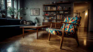 Mid-Century Living Room With Colorful Accent Chair and Bookshelves
