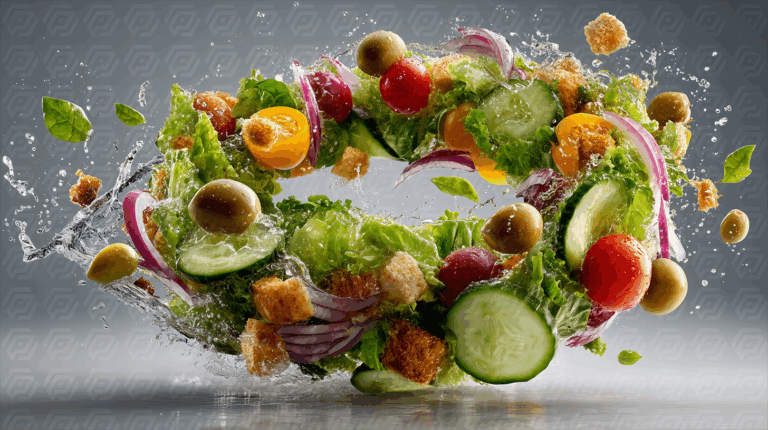 Fresh Salad Splashing With Vegetables and Croutons