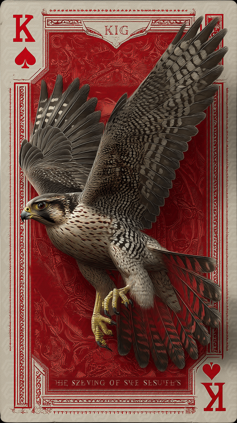 King of Spades Falcon in Flight with Red Vintage Background