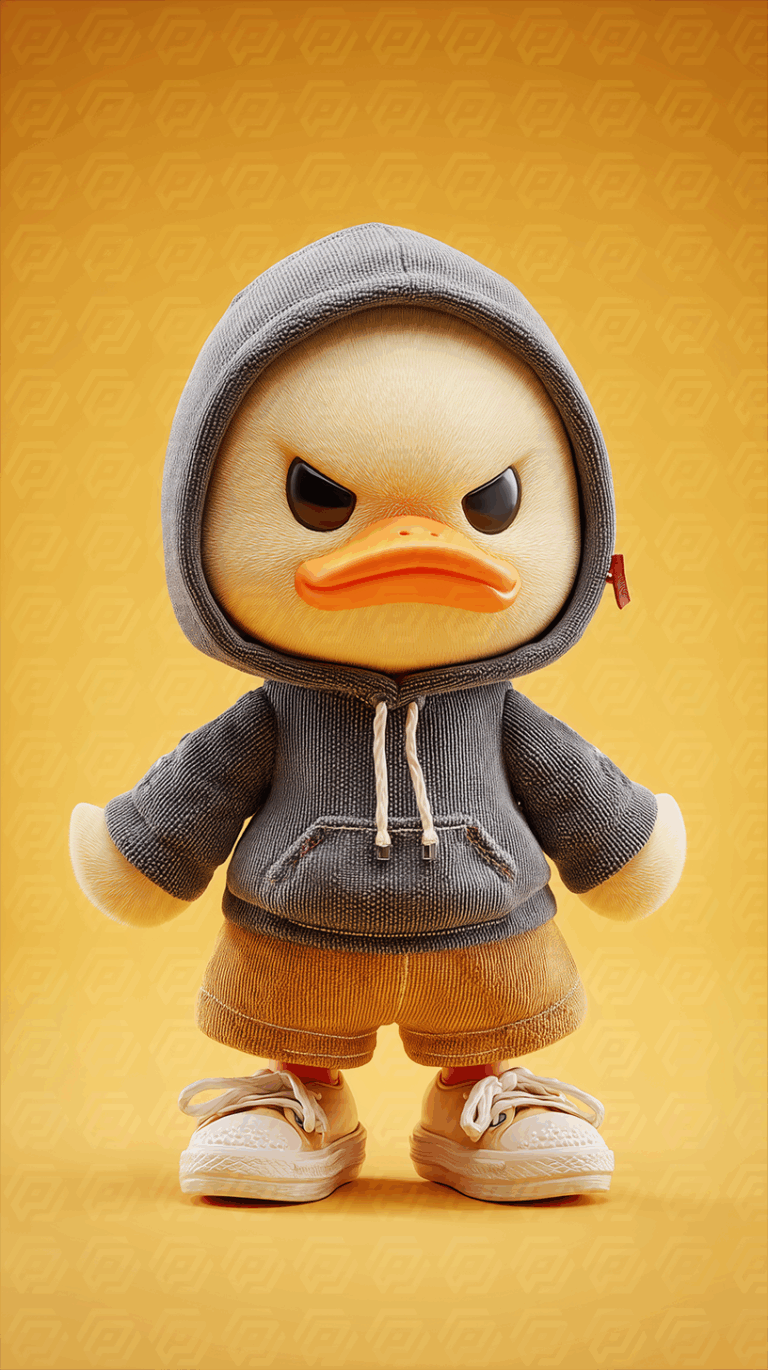 Tough Cartoon Duck in Textured Hoodie and Sneakers on Yellow Background