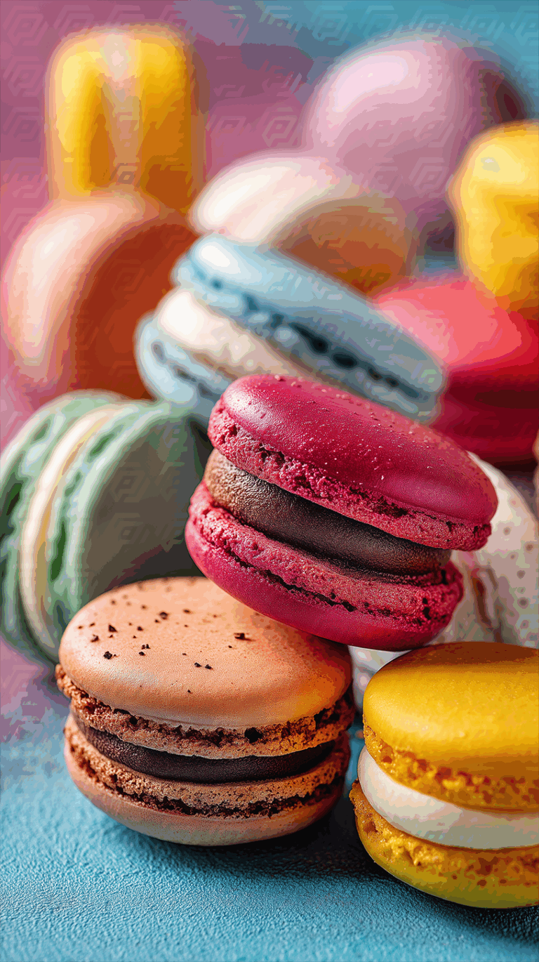 Colorful Gourmet Macarons with Rich Fillings in a Pile