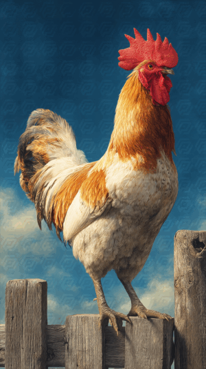 Golden Rooster Posing Confidently on Fence With Deep Blue Sky