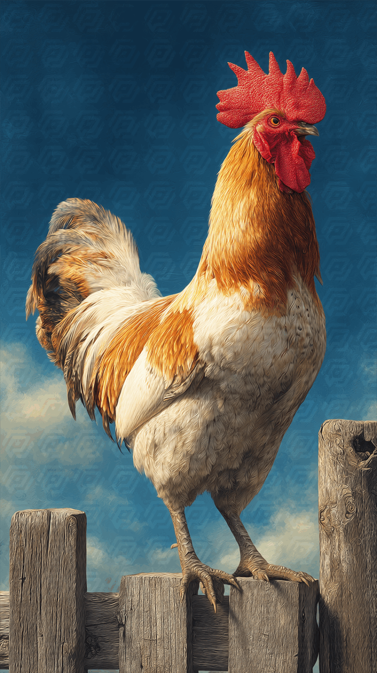 Golden Rooster Posing Confidently on Fence With Deep Blue Sky