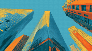 Stylized Skyscrapers with Retro Color Contrast Under Blue Sky