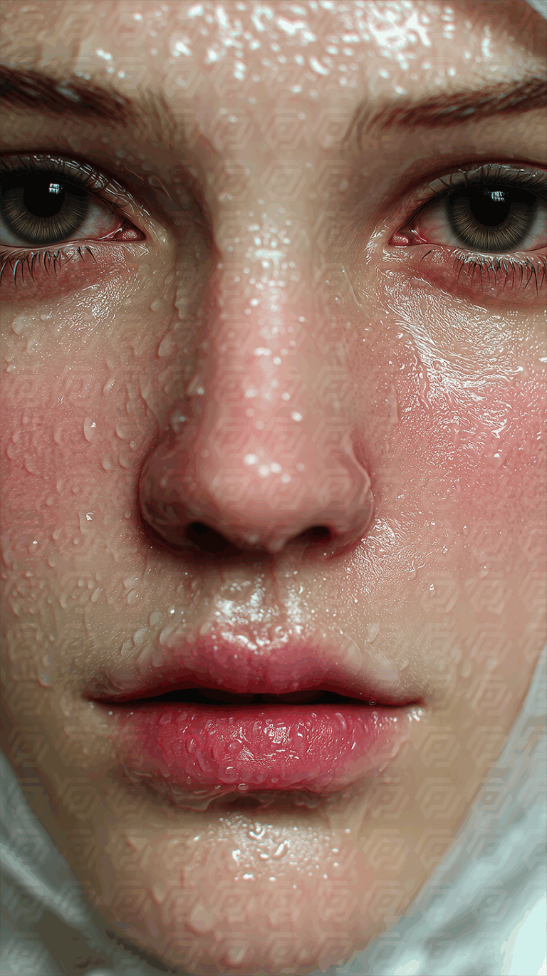 Portrait of Wet-Faced Woman with Glossy Skin and Droplets