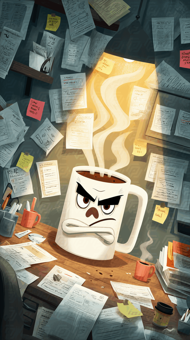 Moody Coffee Cup in Spotlight Amidst Office Paperstorm