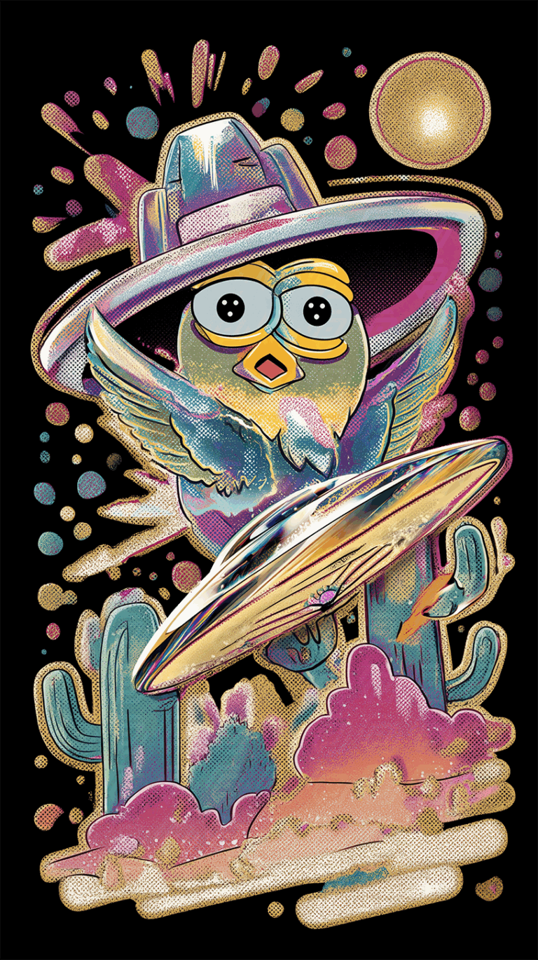 Flying Cartoon Bird Holding a Chrome UFO Over Desert Scene
