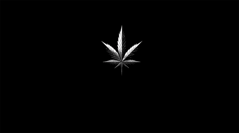 Monochrome Cannabis Leaf with Halftone Shading on Black Background