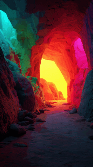 Colorful Rock Tunnel Illuminated by Vivid Neon Light
