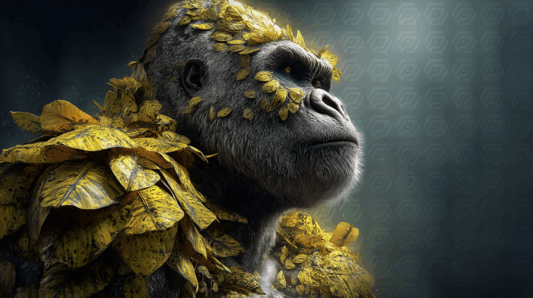 Regal Gorilla Portrait Adorned with Golden Jungle Leaves